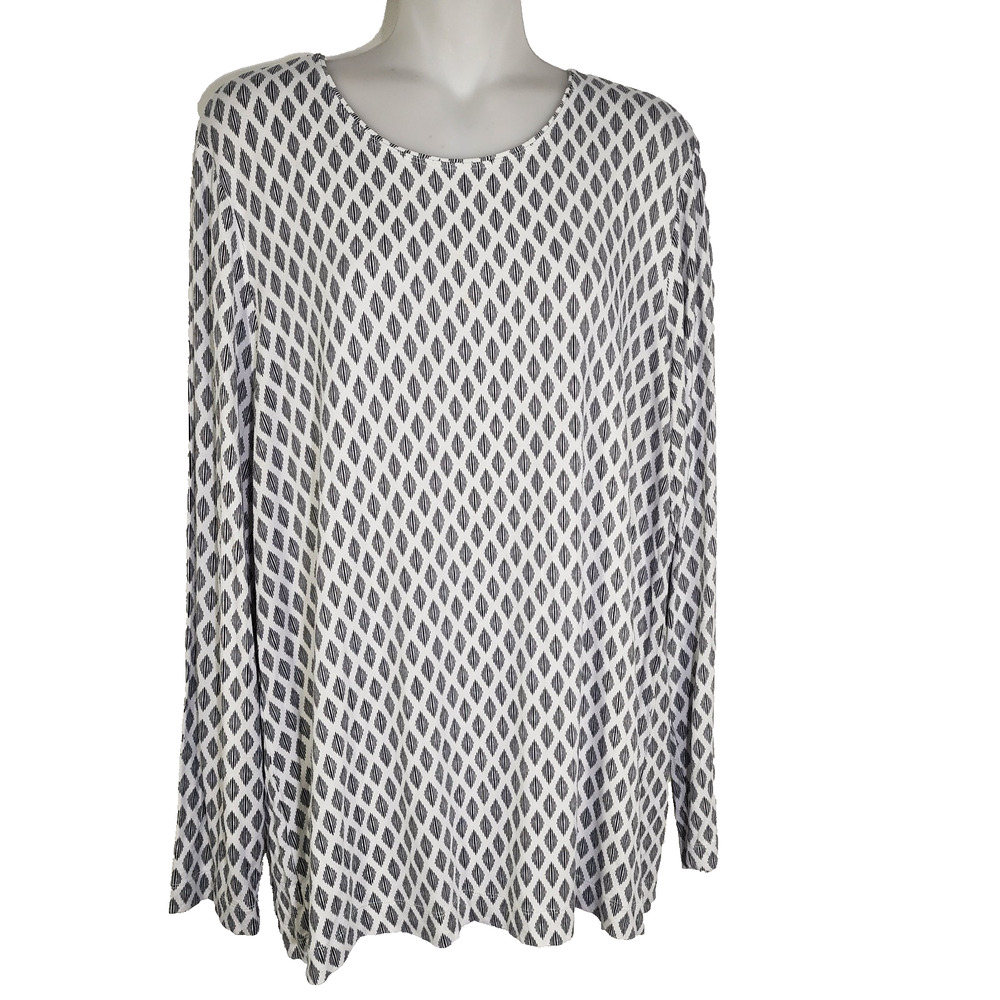 Chico's Geometric Knit Tunic Top Essential Layer Black White Long Sleeve Size XL